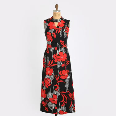 Vintage 70s black Red Floral maxi dress 