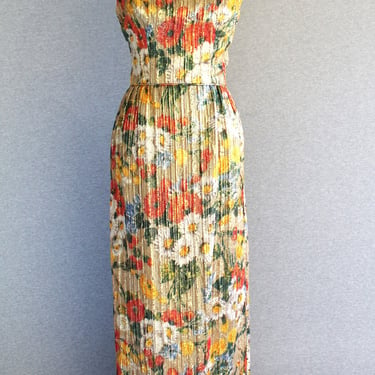 1960s - Gold Lame - Mid Century Mod -  Floral - Cocktail Gown - by Sandra Sage - Party Gown - Wedding Guest 