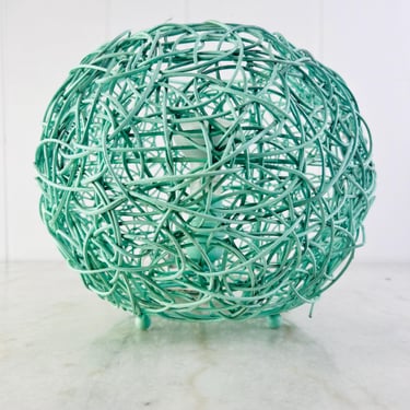 Vintage Wicker Spaghetti Table Lamp, robin's egg blue, ball feet, 6' long cord, for credenza, side table, vintage home decor, funky decor 