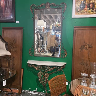 Vintage iron mirror with matching console with marvel top mirror 53.25h 39.75w table 35.75h 40.25w in store pick up only