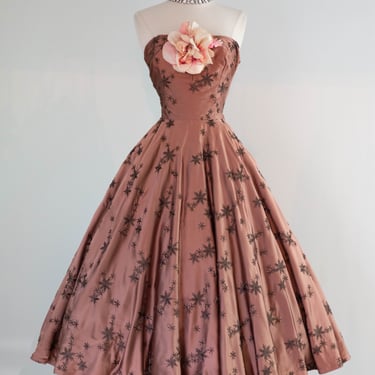 Stunning 1950's Rosewood Embroidered Satin Strapless Evening Dress / Small