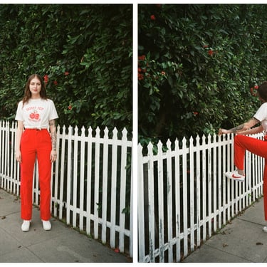 Vintage 1980s 80s Calvin Klein Candy Apple Red High Waisted Corduroy Straight Leg Jeans Pants Trousers 