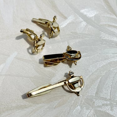 Gold Door Knocker Cufflinks &amp; Double Tie Bar Set