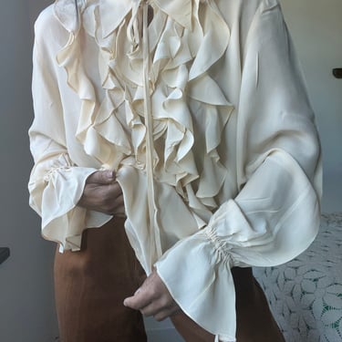 vintage silk semisheer ruffled tunic length ethereal blouse 