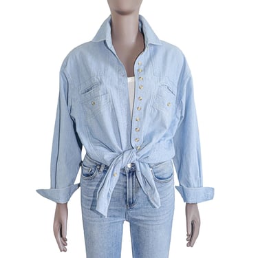 Western Blue Cotton Button Down Shirt Summer Casual Relaxed Fit Blouse Size Medium Spring Office Casual Work Top Long Sleeve Beach Blouse 