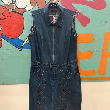 y2k Stretch Denim Sleeveless Dress / Studded Grommet Details / Western / 00s / Destinys Child / Coyote Ugly / Large / Rag / Bratz / Zip Up 