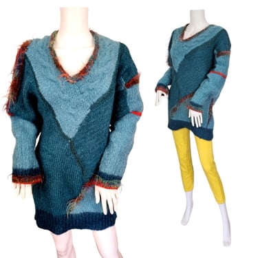 1990's Grunge Patchwork Teal Blue Mohair Pullover Sweater I Sz Med I Handknit 