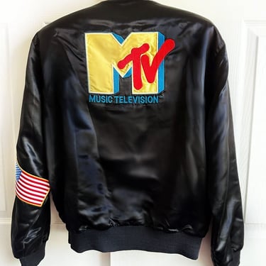 Vintage 1980's MTV Music Television Logo Black Satin Bomber Jacket, MEDIUM 48", Original 80's Coat Disco Era 1970's 