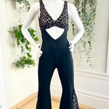 Vintage 1970s Jumpsuit | 70s Black Sequin Cutout Bell Bottom Cher Disco Party NYE Dance Costume | x-small/small 