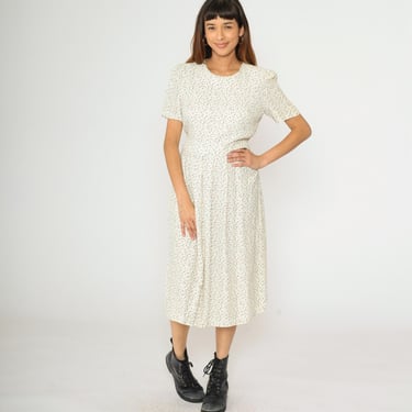 90s White Floral Button Up Dress Vintage Calico Print Puff Sleeve Midi Day Dress Retro Summer Scalloped Waist 1990s Medium M Petite 