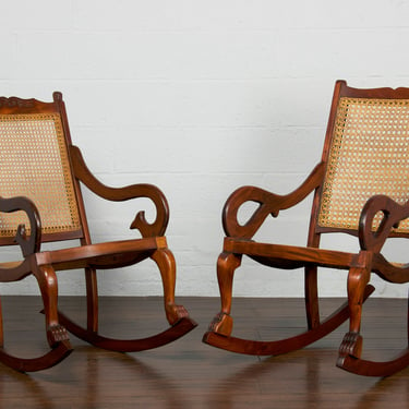19th Century Regency Style Mahogany Cane Rocking Chair - A Pair 