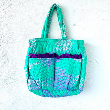 Vintage Hawaiian Quilted Tote Shoulder Bag Hawaii Ruffle Quilt Blue Purple Top Handle Purse 