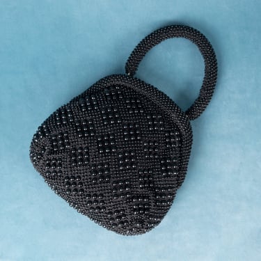 Vintage 1960s Beaded Black Handbag with Top Handle and Gold Tone Kiss Lock 