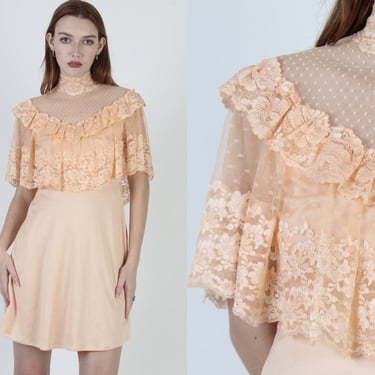 70s Apricot Grecian Lace Dress, Sheer Floral Bridesmaid Dress, Short Victorian Tea Party Mini 
