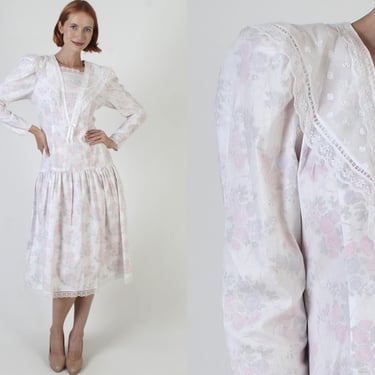 80s Gunne Sax Tea Dress / Jessica McClintock Country Folk Style / White Wide Embroidered Sailor Collar Frock 