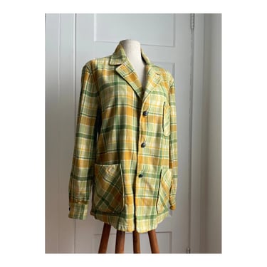 1960s / 1970s Green and Yellow 3-Pocket Plaid Wool Sport Coat / Leisure Jacket by Pendelton- size medium 