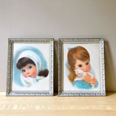 pair ornate vintage brass picture frames for 11 x 14 inch pastel portraits blue white Northern girls 