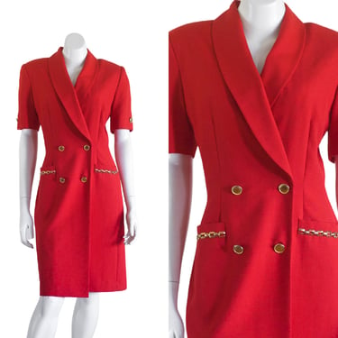1990s red double breasted sheath dress with shoulder pads 
