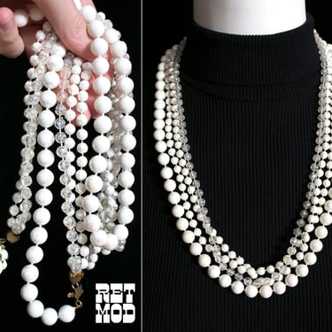 Lovely Vintage 50s 60s Pearly & White Beaded 3-Strand Necklace 