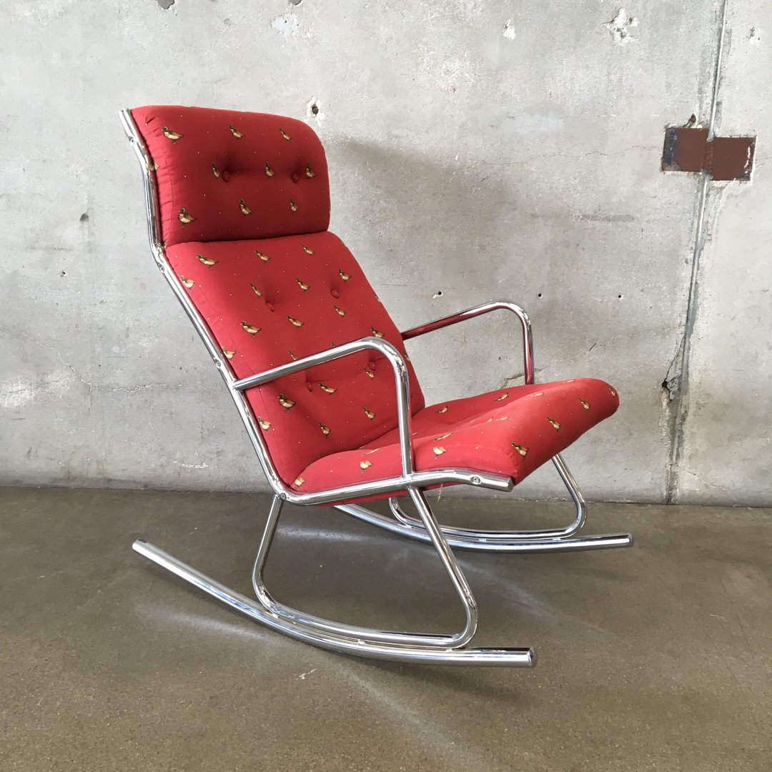 Mid Century Chrome Tubular Rocking Chair with Mallard Print Upholstery ...