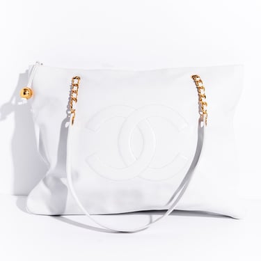 CHANEL 1994-1996 White Caviar Leather Tote Bag w/ Gold Hardware