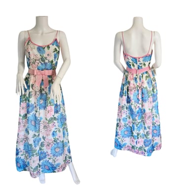 1960's Sleeveless Blue Pink Floral Daisy Print Long Maxi Dress I Sz Med 