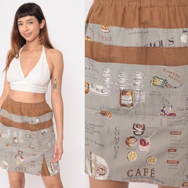 90s Mini Skirt Barista Novelty Cafe Print Coffee Jam Tea High Waisted Elastic Waist Skirt 1990s Vintage Brown Grey Pocket Small Medium 