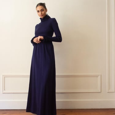 1970s Roncelli Sapphire Blue Ribbed Knit Maxi Dress 