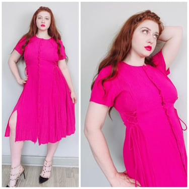 1990s Vintage Betsy Lauren Hot Pink Skirt Slit Dress / 90s / Rayon Side Lace Corset Button Front Dress / Large 