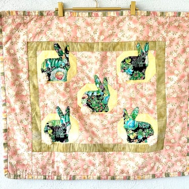 Vintage 80s 90s Bunny Quilt Pink Baby Girl Blanket  Patchwork Quilt Wall Hanging Decor 