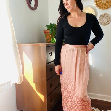 Vintage Jessica McClintock Pink Satin Floral Midi Skirt 