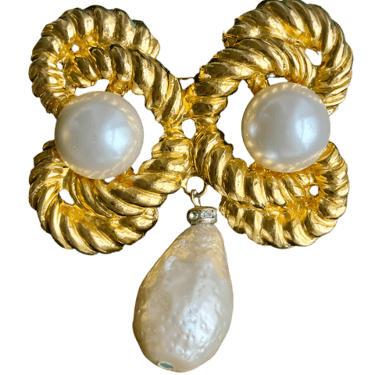 90s Braided Gold Glass Pearl Brooch