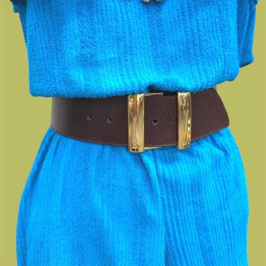 Vintage Waist Belt Retro 1990s Anne Klein for Oroton + Size Small + Genuine Leather + Brown + Gold Metal + Statement Belt + Womens Accessory 