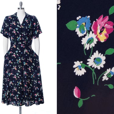 Vintage 1990s Shirt Dress | 90s does 40s Floral Print Rayon Fit and Flare Pockets Button Up Navy Blue Shirtwaist Midi Day Dress (medium) 