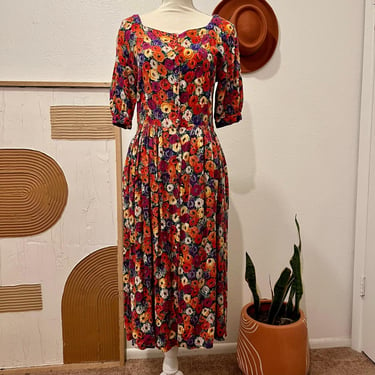 Passports Vintage 90s Bright Daisy Floral Short Sleeve Button Front Midi Dress 