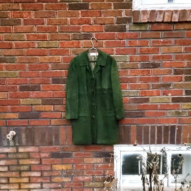 Vintage 1960's to 1970's Kelly Green Leather Women's Duster Trench Long Coat / S to M 