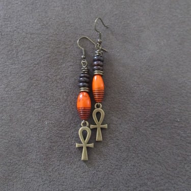 Orange and bronze ankh earrings 