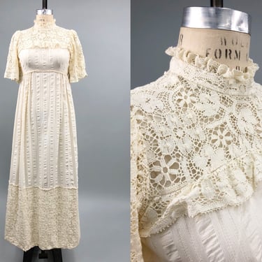 1970s Victorian Style Cream Dress, Vintage Lace Maxi Dress, Bohemian Dress, Empire Waist, 70s Bridal Dress, Size Small by Mo