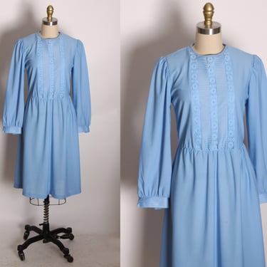 1970s Blue Long Sleeve Floral Lace Panel Insert Dress by Cathy Sue -M 
