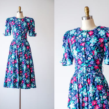 cottagecore dress | 80s vintage Paquette Too navy blue romantic floral cotton puff sleeve cottagecore maiden fit and flare midi dress 