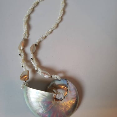 Vintage necklace large nautilus shell beaded, 1980's 