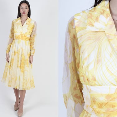 Vintage 70s Vibrant Floral Chiffon Dress, Garden Day Party Full Skirt Sheer Mini Dress 