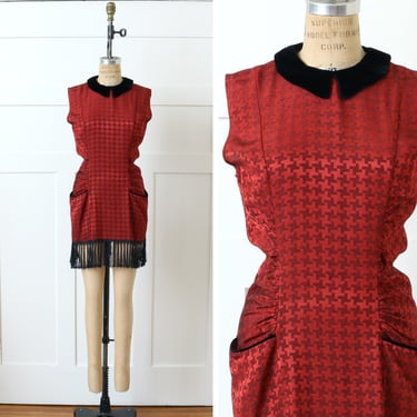 vintage 1990s red & black fringed mini-dress • sleeveless stylized tunic with gathered waist and pockets 