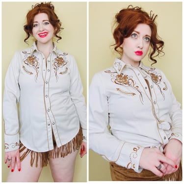 1990s Vintage Panhandle Slim Cream Retro Embroidered Western Shirt / Gold Rhinestone Floral Pearl Snap Blouse / Large 