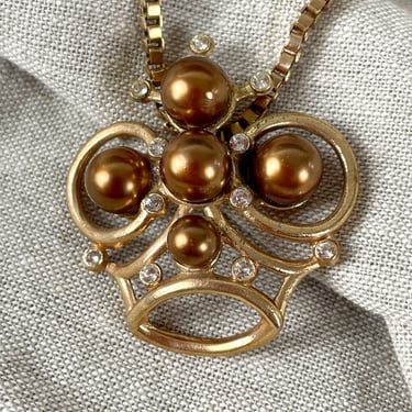 Crown pendant choker necklace with brown pearls - 1950s atomic styling 