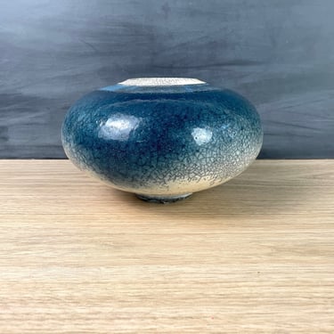 Blue and ecru raku pottery vase - vintage studio art pottery 