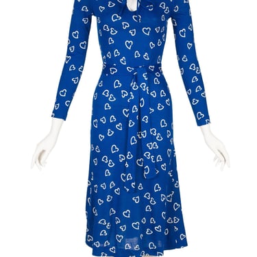 Diane von Furstenberg 1976 Vintage Heart Print Blue Jersey Keyhole Dress Sz XXS XS 