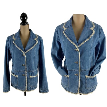 90s Denim Blazer Large XL, Jean Jacket with Lace Trim, Prairie Boho Cottagecore, Barn Chore Coat, 1990s Clothes Women Vintage 
