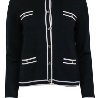 Tory Burch - Black w/ White Trimmed Merino Wool Long Sleeve Cardigan w/ Gold-Toned Logo Buttons Sz M