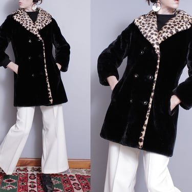 Vintage | 1960's | Black | Leopard Trim | Faux Fur | Mod | Coat | S 